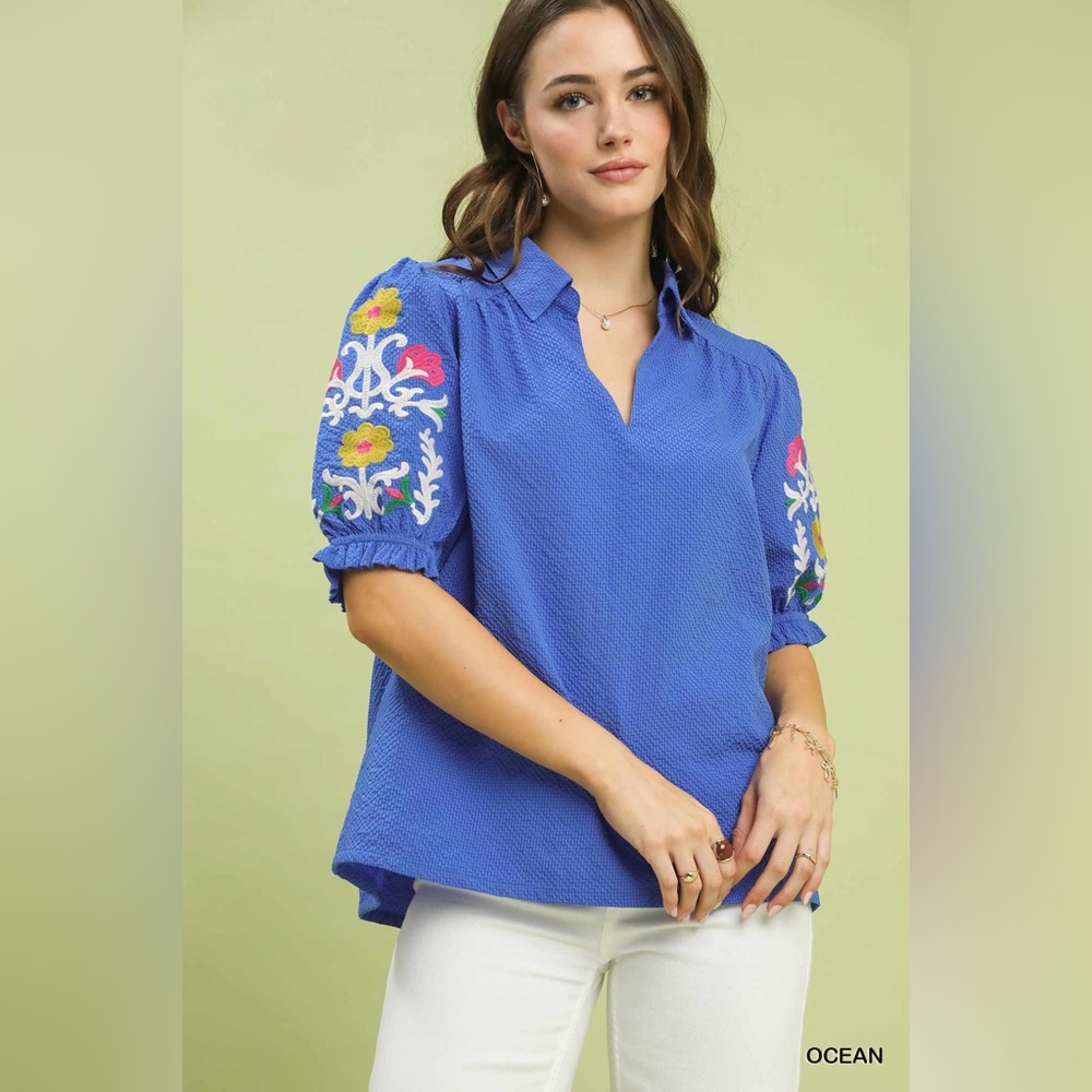 Umgee Seersucker Embroidered Sleeve Blouse